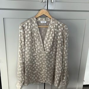 Calvin Klein Long Sleeves Floral V Neck Beige Sheer Classy Top Blouse Large L